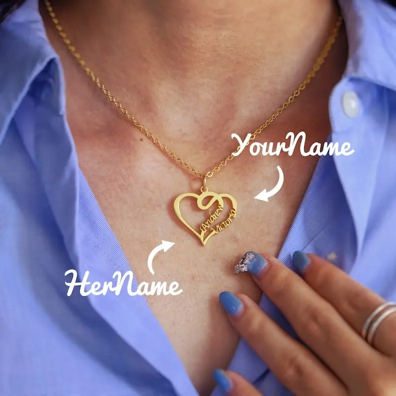 AS167 Personalized Engraving Two Names Double Love Pendant Stainless Steel Hollow Heart Custom Necklace Couple Gifts for Men and Women