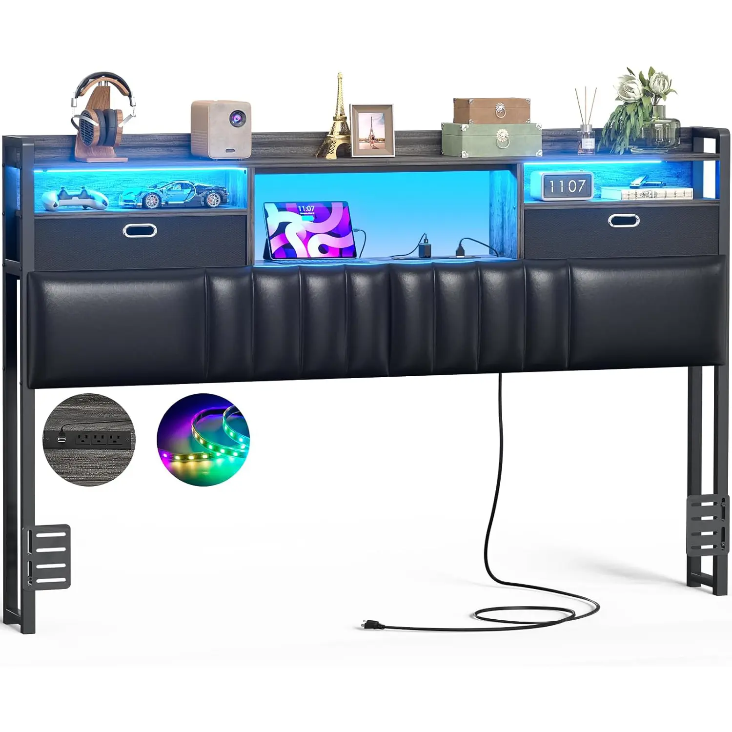 Upholstered Headboard with Charging Station and RGB LED Light,Wooden Headboard with 2 Fabric Drawer and Bookcase for King/Queen/Full/Twin Size Bed
