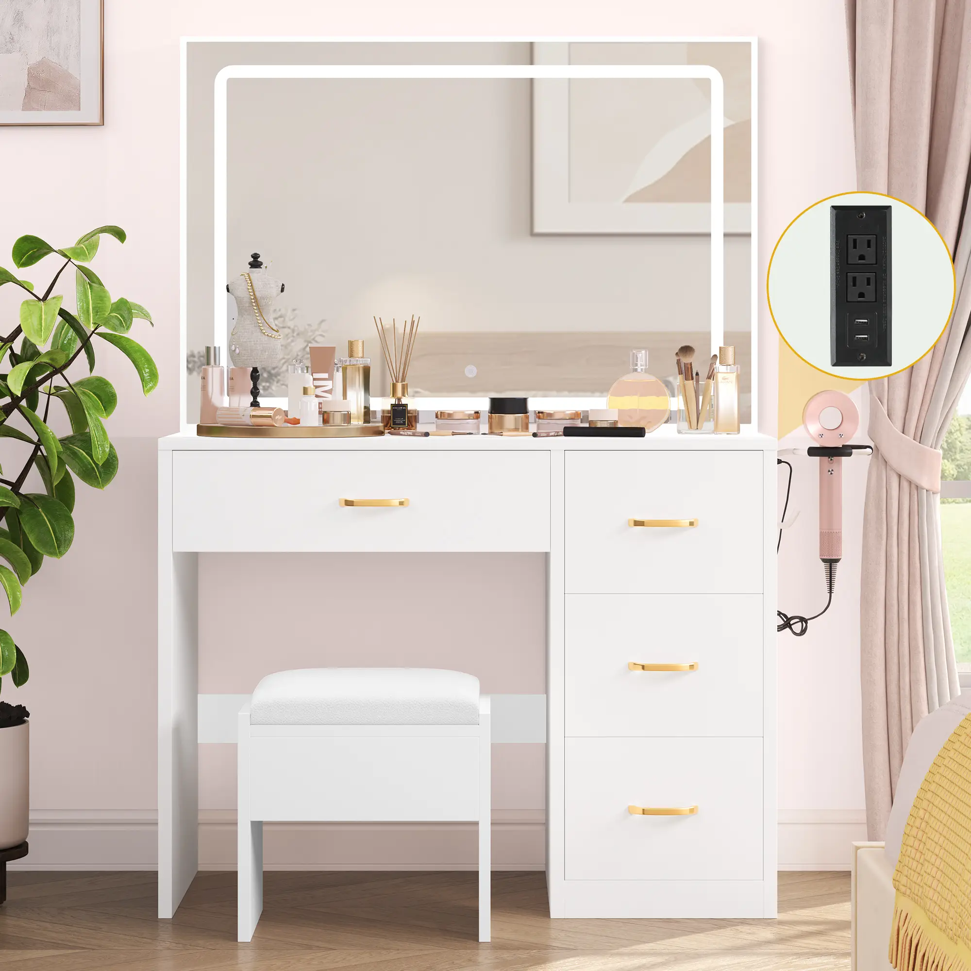 DWVO Makeup Vanity with Lighted Mirror, Vanity Desk with Power Strip, Adjustable Lighting, 4 Drawers, and Cushioned Stool for Bedroom, Dressing Room