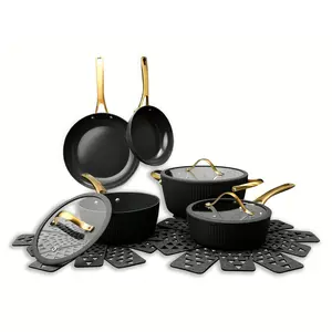 Thyme & Table Signature Ribbed 12-Piece Cookware Set Non-Stick - Black & Gold