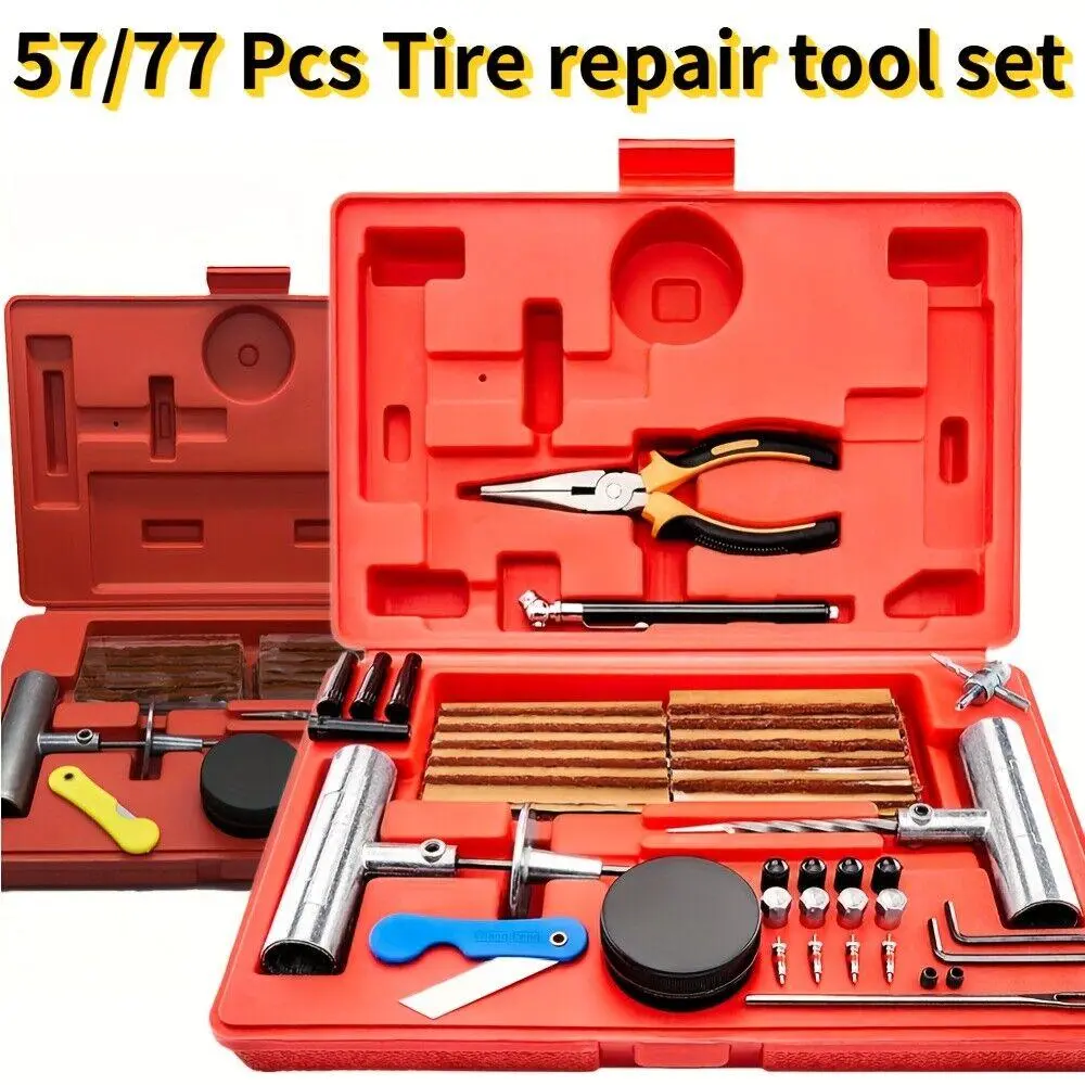 Tire Plug Repair Kit (57or77-Piece) - Heavy Duty Flat Tire Puncture Repair Kit with Iron & PE Materials, Flexible & Easy to Use, Suitable for Car, ATV, Trailer Automotive Vehicle Tool Automotive Tire Inflator
