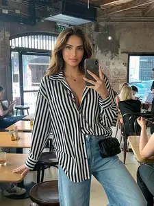 Women's Striped Vintage Blue Beach Vacation Slimming Shirt, Loose Casual Top, Spring New Fashion Open Front Cardigan