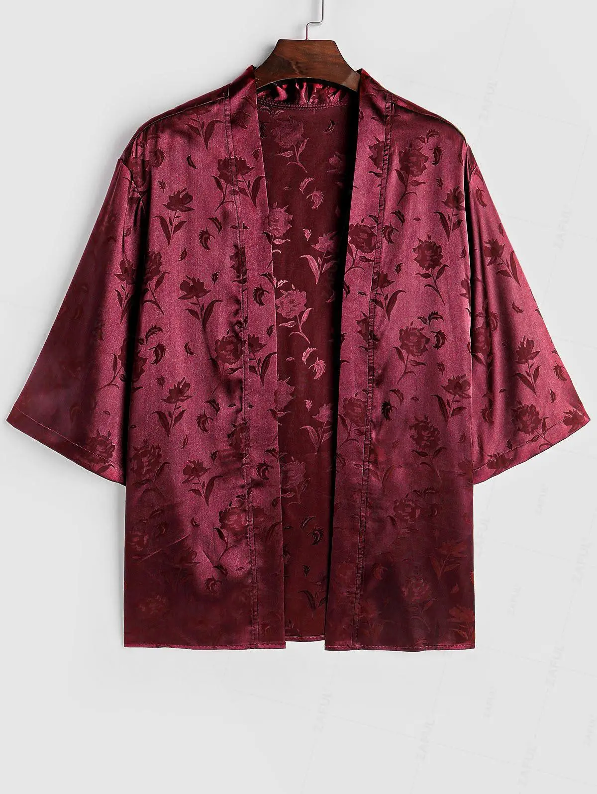 Men's Rose Jacquard Satin Kimono Cardigan - Luxury Floral Print Silk-Feel Open Front Robe | Aesthetic Streetwear Top