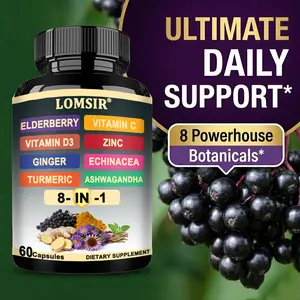 Elderberry Immune Support Supplement 8-in-1 Formula with Echinacea, Vitamin C & Zinc, Vitamin D3, Turmeric, Ginger, Ashwagandha – 60 Capsules