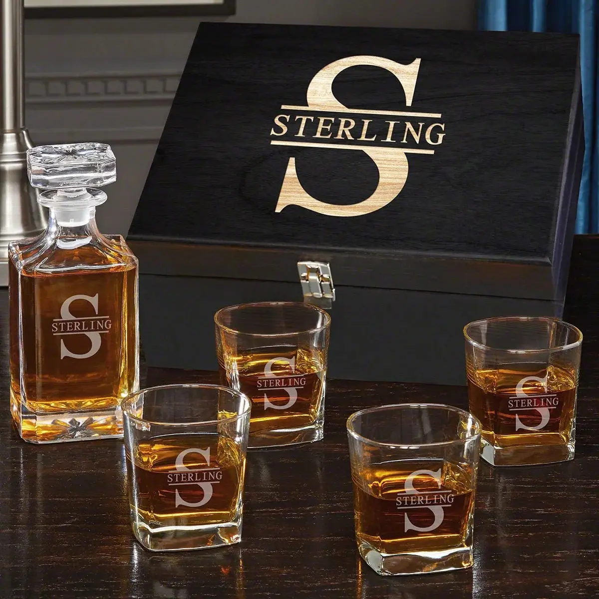 Custom Bourbon Decanter Set with 4 Square Glasses in Crafted Ebony Box - Personalized Crystal Decanter & Gift Box for Anniversary or Christmas