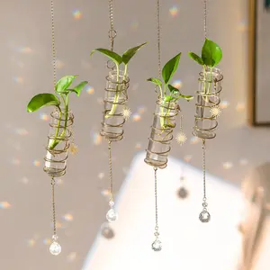 Plant Propagation Station with Crystal Suncatcher - 4-Piece Handmade Boho Hanging Glass Jars, Window Rooting Vase, Rainbow Cast Decor, Christmas Gift for Plant Lovers