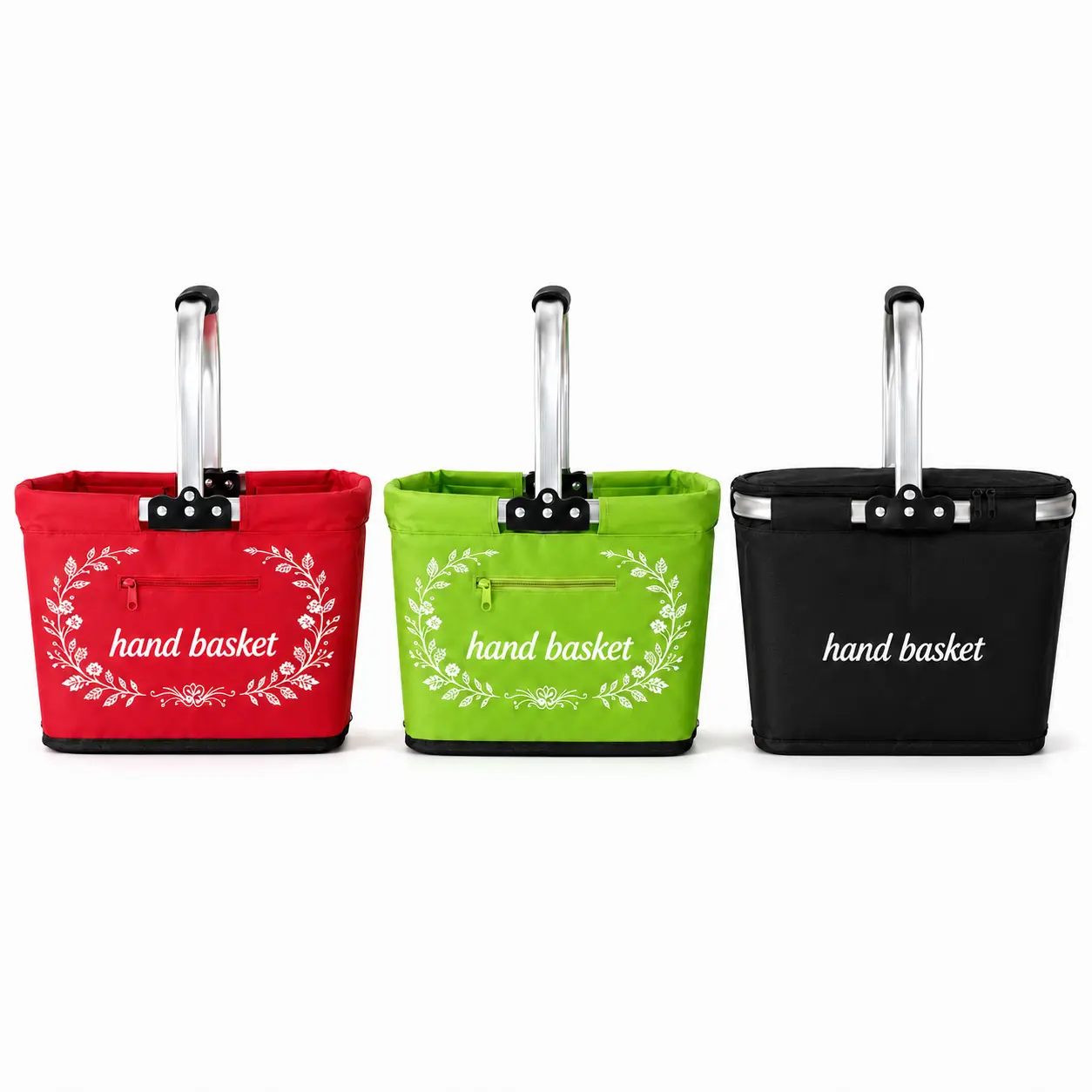 Foldable Picnic Basket with Aluminum Handle, Portable Collapsible Shopping & Grocery Carry Basket for Outdoor, Camping, Travel and Home Storage, Red/Green Front Zip Pocket, Black Insulated Lining with Zipper Closure