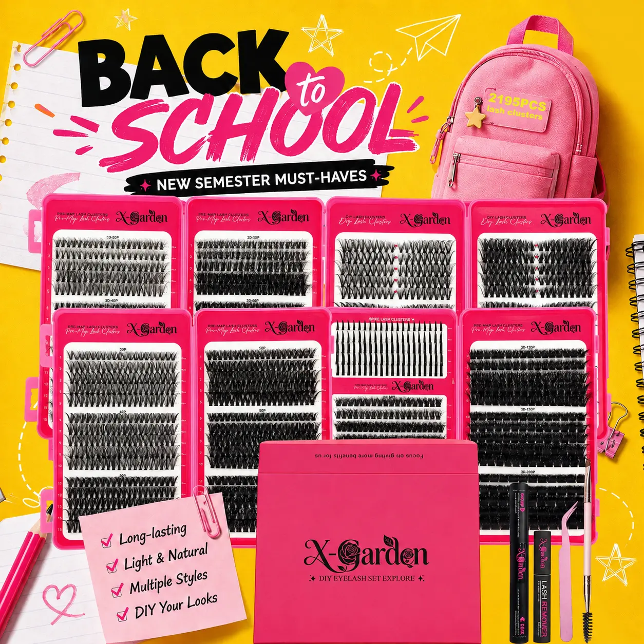 X-Garden All-in-1 DIY Lash Extension Kit, 2195PCS D Curl 10-18mm Spike Eyelash Clusters (180P/200P Fluffy Wispy), Adhesives, Youth-Friendly Set for Natural & Volume Looks (With Box)