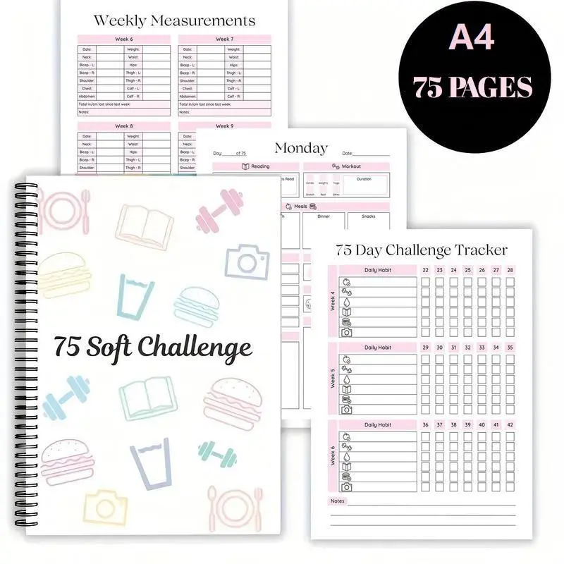 75 Soft Challenge Journal, Daily Habit Tracker, Fitness & Wellness Planner, Meal Water Mood Reading Log, Weight Loss Progress Notebook, Self Care Spiral Journal