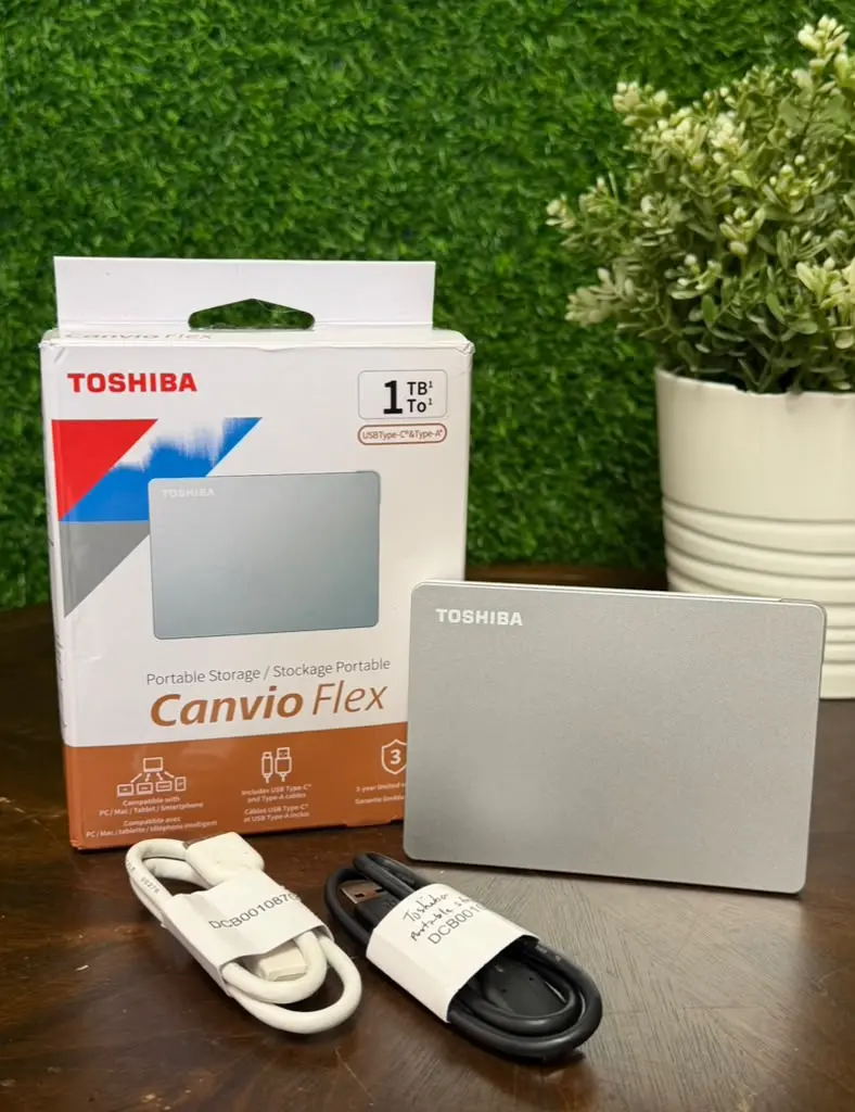 Toshiba Canvio Flex 1TB Portable Storage Hard Drive with USB-C & USB-A for Data Backup and Transfer - Silver - For PC, Mac, Smartphone, Tablet