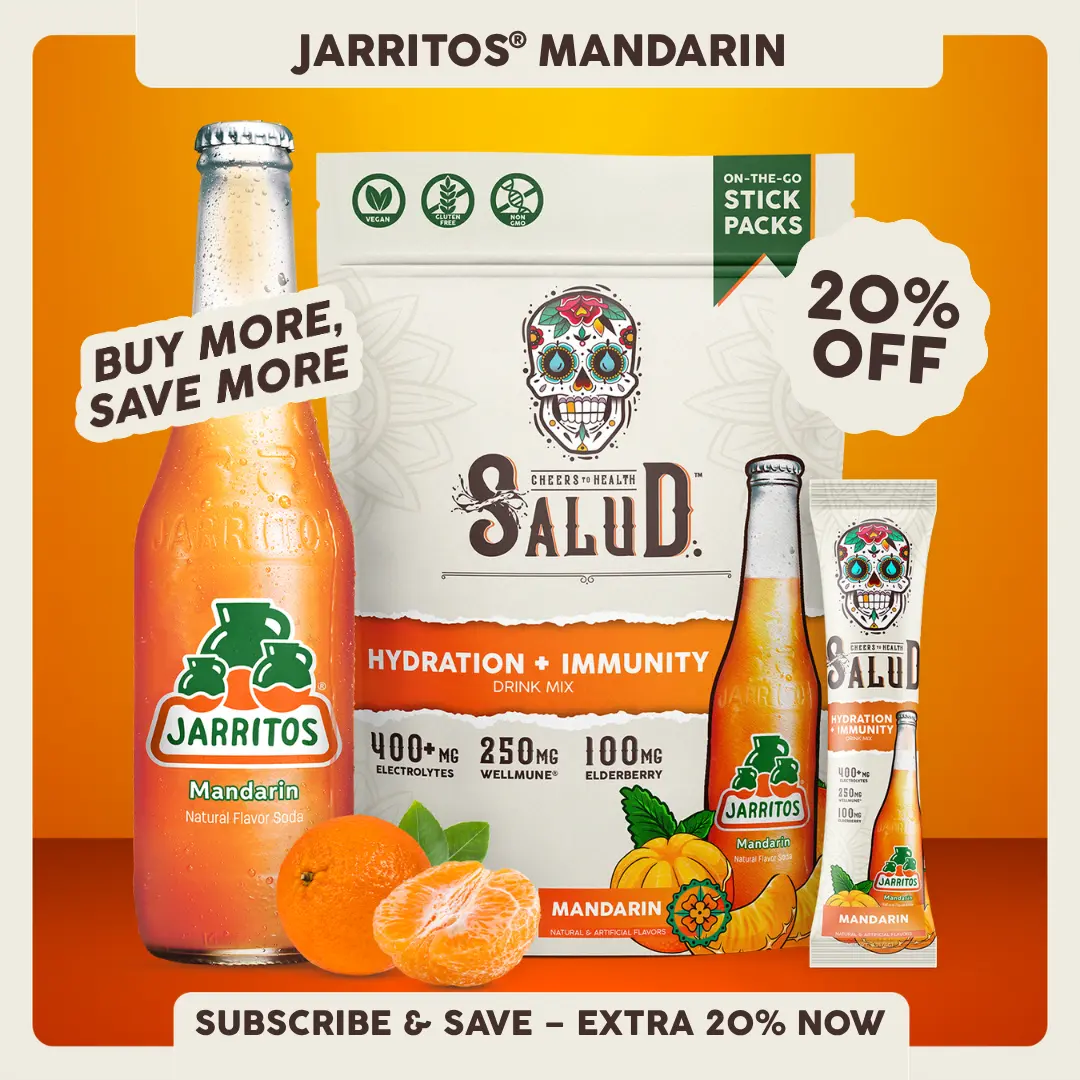 Salud x Jarritos 2-in-1 [Hydration + Immunity - Mandarin] Coconut Energy Drink, Sport Beverage - 400mg Electrolytes, 250mg Wellmune, 100mg Elderberry - Dairy & Soy Free, Vitamin Supplement (15 Servings)