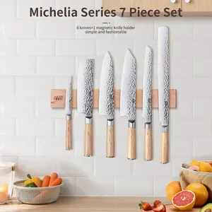 FINDKING 7PCS Kitchen Knife Set, with Wooden Magnetic Knife Holder, Elegant Japanese Chef Knives Set, Sharp Stainless Steel Blade, Pakka Wood Handle, for Daily Cooking (Michelia Series) Cutting Tool