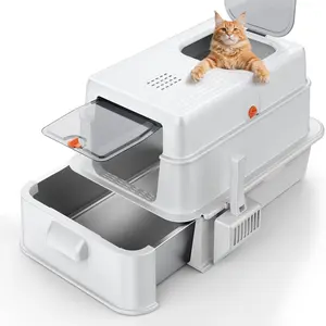 Enclosed Stainless Steel Cat Litter Box, Large Top-Entry Foldable Covered Litter Box with Lid, Leak-Proof Hooded Design, Easy to Clean Deep Pan Includes Litter Mat
