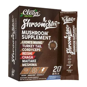 Clean Nutra Lion's Mane, Turkey Tail, Cordyceps, Reishi, Chaga, Maitake & Meshima Mushroom Blend for Energy, Immunity & Skin Health - Shroom Stix