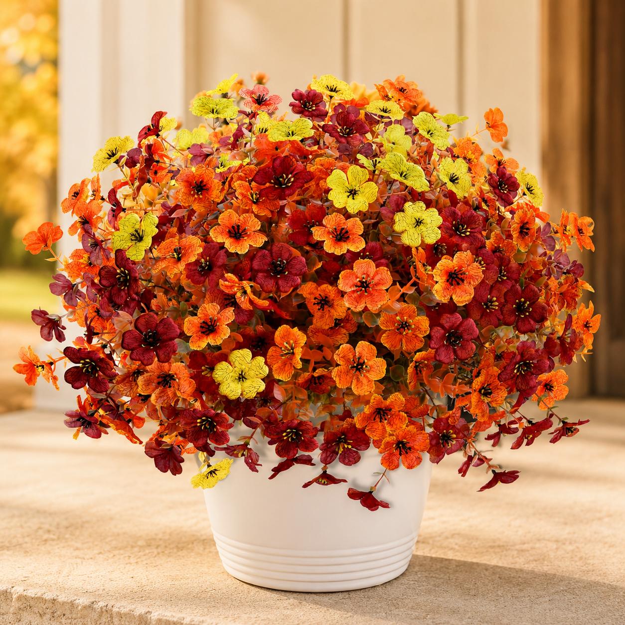 12 PCS UV-Resistant Fade-Proof Artificial Fall Daisy Silk Flowers with Realistic Green Leaves & Real-Leaf Detail, Home Decor Ornaments for Front Porch, Autumn Thanksgiving (Home Supplies, Outdoor Use)