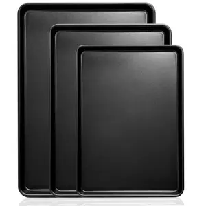 Black baking sheet set in 13/15/17 inches, heat-resistant, nonstick, easy to clean, multi-size stackable for space-saving—perfect for baking cookies, cake rolls, roasting chicken, grilling meat, and making pizza. Bakeware ，Baked