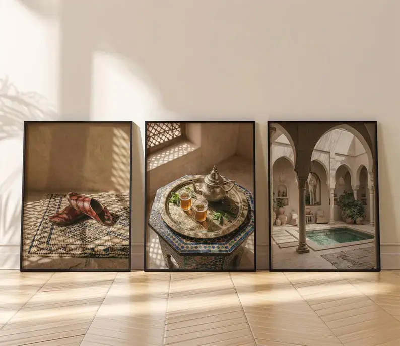 Arabic Wall Art Set of 3, Elegant Vintage Moroccan Old Money Aesthetic Gallery, Luxury Riad Living Room Decor, Minimalist Matching Posters