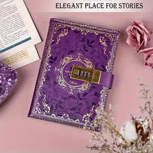 Retro leather password lock notebook, A5 embossed flower secret diary, with crossed paper, suitable for writing, for women, girls, adults, 5 colors to choose from, give a pen, Soft Cover Notebook.