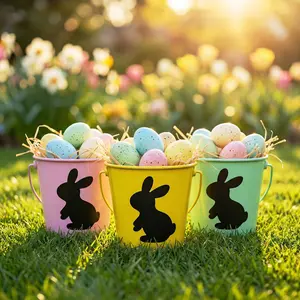 Colorful Easter Bunny Tin Candy Bucket – Metal Easter Basket for Kids, Portable Rabbit Treat Pail for Candy, Eggs and Party Favors, Decorative Holiday Gift Bucket with Handle
