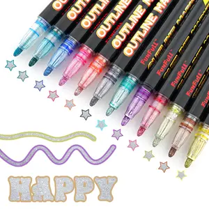 Double Line Outline Marker Pen Set, 12pcs/set Squiggles Shimmer Outline Marker Pen Set, Glitter Sparkling Writing Drawing Pens for Birthday Greeting Card, Doodling, Art Crafts, Creative Projects, Artist Drawing Pen