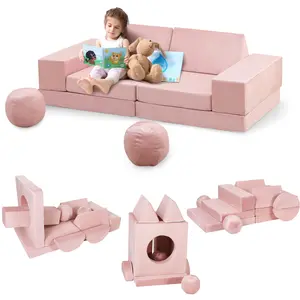 【GARVEE】Modular 12-Piece Convertible Foam Couch Set for Playroom, Toddler Sectional Sofa with Stackable Cubes in Pink, Dark Grey, Navy, and Purple Colors