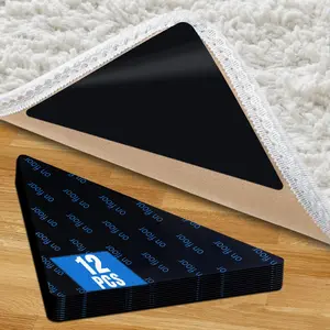 12Pcs Rug Tape, Carpet Tape,Reusable Carpet Tape for Area Rugs,Non Slip Rug Pads Grippers for Hardwood Floors and Tiles,  Double-Sided Adhesive Rug Stickers Keep Corners Flat (Black)