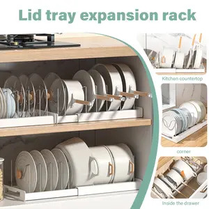Pots and Pans Organizer Rack – Adjustable Stainless Steel Expandable Storage (White & Grey) with Slide Design, Multifunctional Pot Lid Organizer for Cabinet/Shelf/Countertop, Key Kitchen Accessory