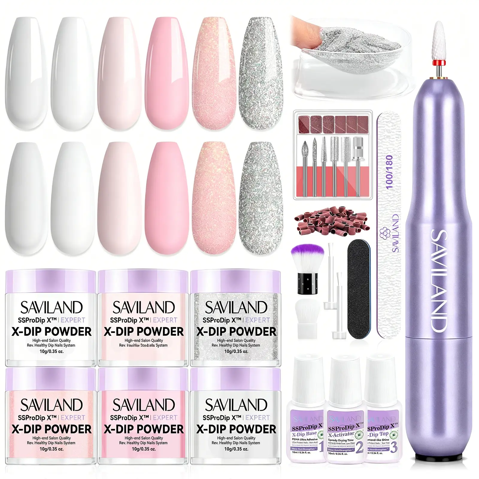 SAVILAND Dip Powder Nail Kit with Drill: 6 Color French Nail Art Perfect Beginners Set Features Pink Nude Glitter Clear Powder DIY Home Manicures