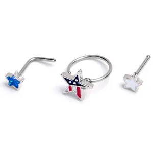 20 Gauge 1/4 Patriotic Stars Nose Hoop Bone Set of 3
