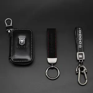1pcs Dodge Leather Keychain Keyring with Suede Finish, Embroidered Key Fob for Car Accessories, Stylish Practical Key Holder