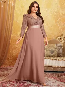【Plus Size】 Glitter Contrast Sequin Collared Chiffon Evening Dress, Elegant Fitted Long Sleeve Maxi Dress for Party & Banquet, Women's Clothes for All Seasons, Womenswear