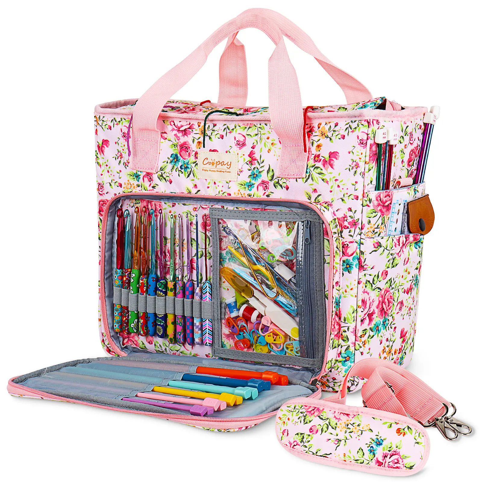 Coopay Large Crochet Bag Knitting Bags and Totes Organizer, Traveling Crochet Bags Yarn Bag for Carrying Crochet Hooks, Knitting Kit, Skein Yarn Wool, Project, Knitting & Crochet Supplies, Pink Flower