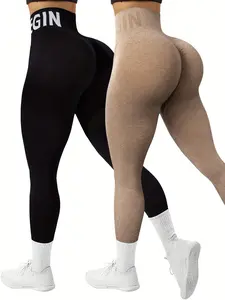 QGU 2 pieces of women's sports yoga pants, basic solid color seamless high waist, hip lifting elastic, breathable sports leggings, suitable for gym, yoga, fitness and daily exercise