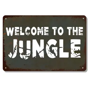 2D Flat, 1pc Welcome To The Jungle Vintage Metal Wall Art Sign - 12x8 Inch Rustic Green Indoor/Outdoor Decoration for Home, Bar, Garage - Perfect Gift for Animal Lovers & Tropical Enthusiasts