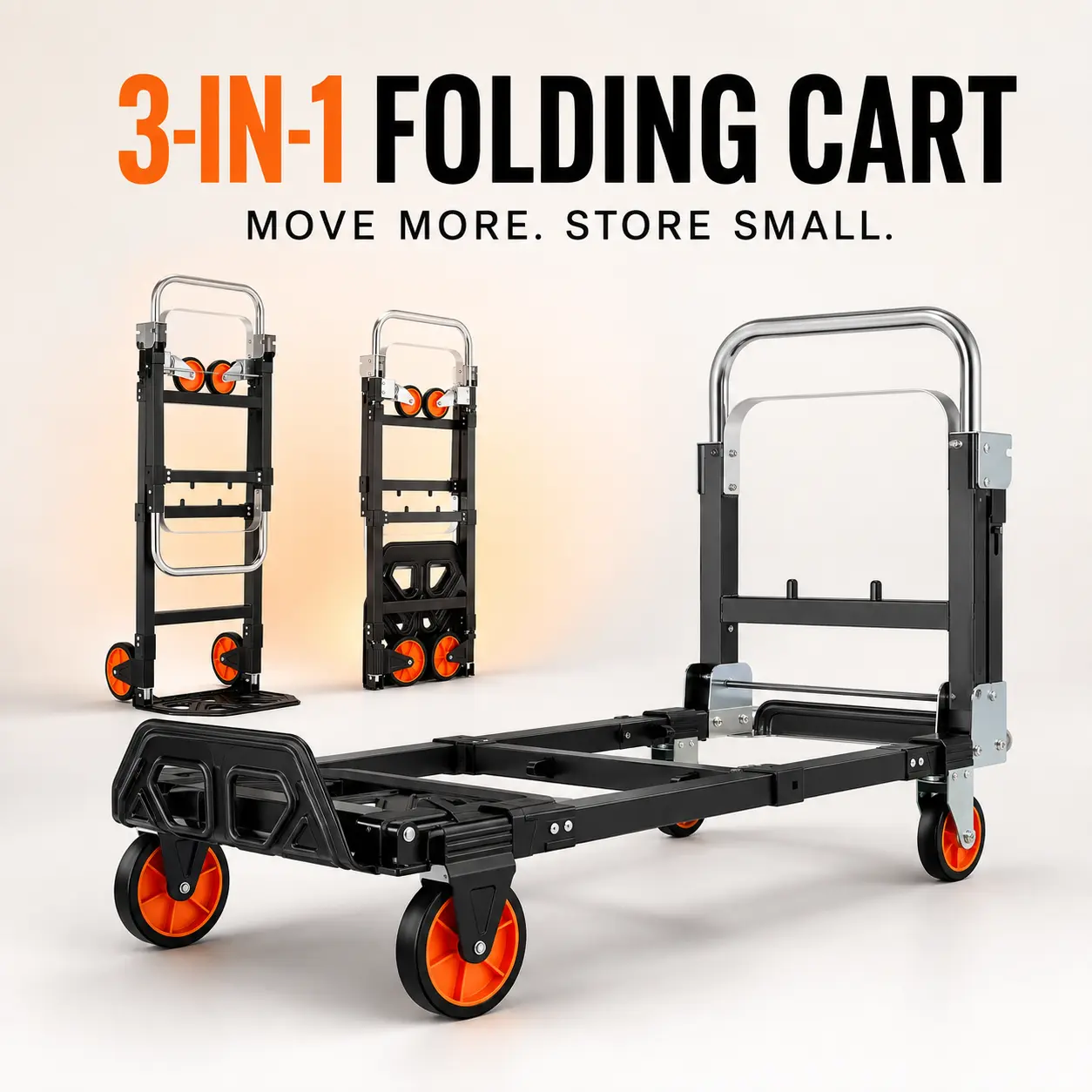 TLGREEN 3 in 1 Folding Hand Truck, 600lb Capacity Convertible Hand Truck Dolly with 4 Silent Wheels, Heavy Duty Foldable Hand Cart for Moving Households, Shopping Mall, Office, Outdoor Tasks
