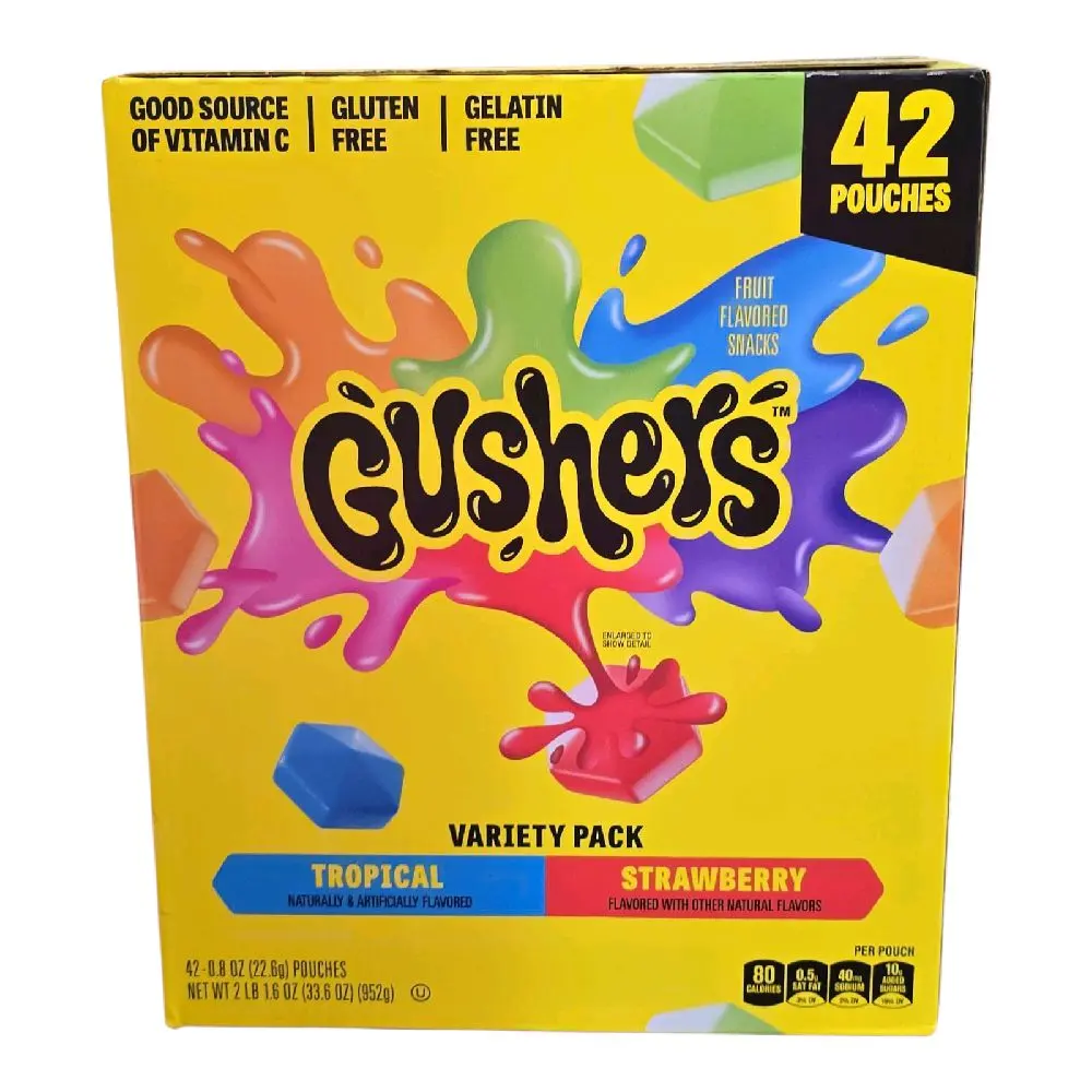 Gushers Strawberry & Tropical Variety Pack 0.8 oz - 42 Pouches of Fun Colorful Treats Good Source of Vitamin C Gluten Free Gelatin Free