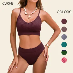CUPSHE Cocoa Hour Brown Bikini Set Adjustable Straps Mid-Rise Swimsuit with Tummy Smoothing Classic Coverage Bathing suit #tiktokshopmemorialday