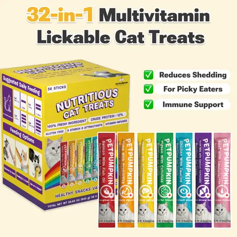 32-in-1 Multivitamin Lickable Cat Treat Paste - Gum-Free, Vet-Approved, with Lysine, Omega 3 & Probiotics for Shed Control, Joint Health, Digestion, Health Boosts (56 or 14 Pack), Gluten Free