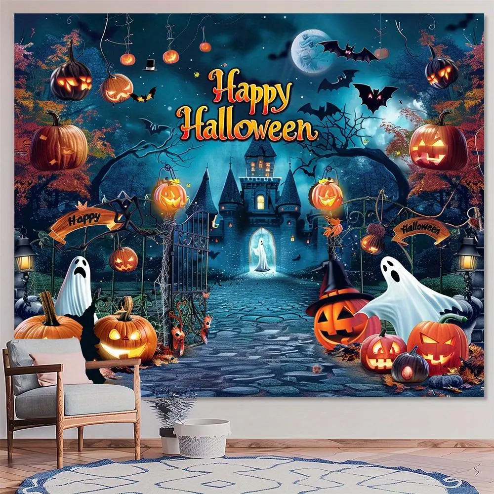 Halloween Polyester Backdrop - Party Decorations Banners, Horror Magic Castle & Ghosts Design, Multi-Size Wall Decor, No-Electricity Indoor-Outdoor Photo Booth Prop for Halloween Ideas, Ceremony, Christmas