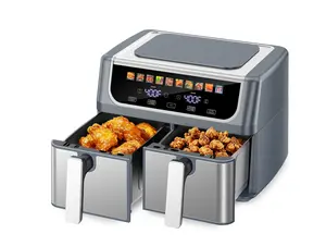Dual Basket Stainless Steel Air Fryer with Digital Sync & Match Cook, 1700W, 10 Presets, 2 Independent Cooking Zones, Shake Reminder, Gray
