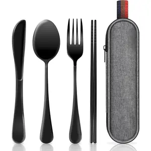 Travel Utensils with Case,  Portable Silverware Set for Work, Stainless Steel  Travel Cutlery Set, Fork and Spoon Set for Camping, Picnic, Gadgets, Lunch Box for Men, Black