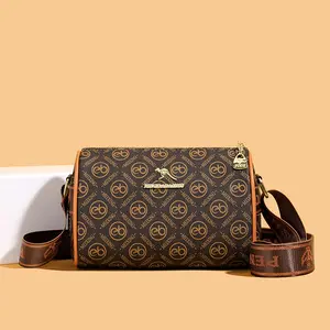 Retro All-Over Logo Print Cylinder Crossbody Bag, Brown Monogram Barrel Purse for Women
