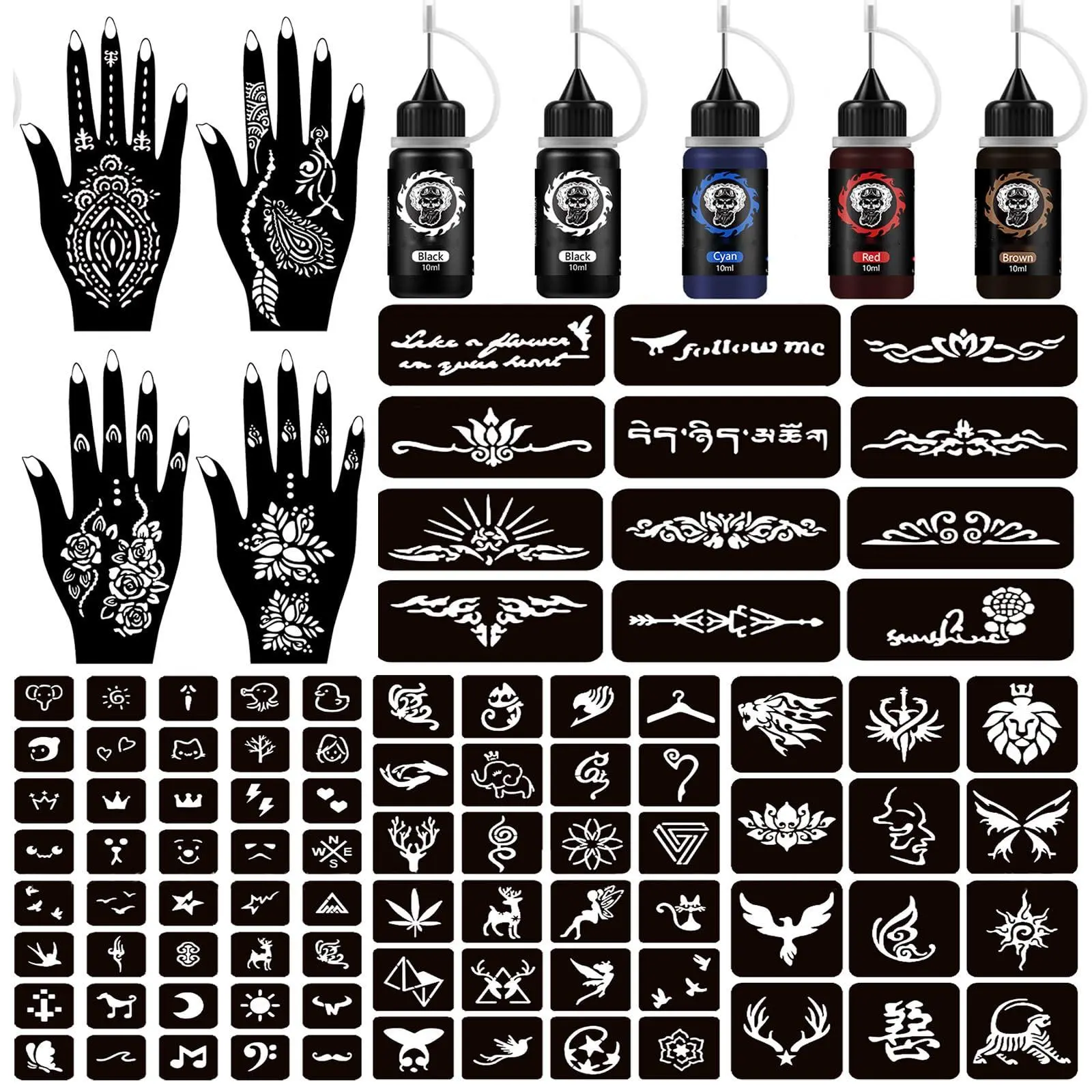 DIY Temporary Henna Tattoo Kit for Artists - 5 Cones, 96 Stencils, Durable Ink, Ideal for Art Party Gifts