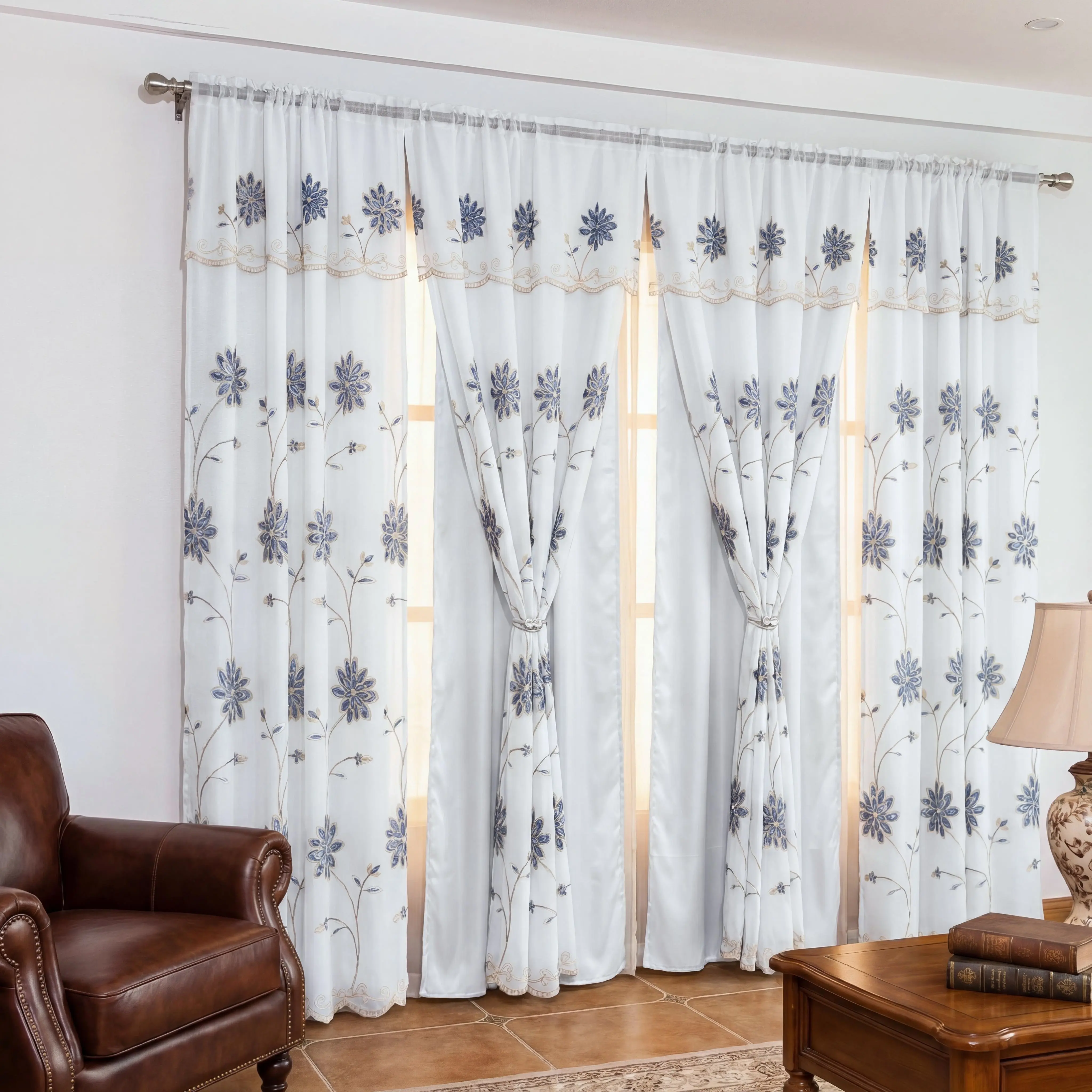 Double Layer Curtains - 4-Panel 52x84 in Luxury Embroidered Polyester Window Drapes, Floral Vine Embroidery, Satin-Like Snow Voile Valance for Elegant Home Decor QF36
