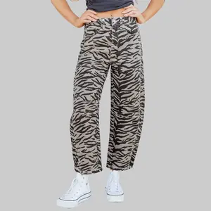 Dear-Lover Women's Gray Zebra Stripe Cotton Jeans Bottom Pants - Mid-Rise Waist, Barrel Wide Leg, Cropped Ankle Fit, Button-Closure, Front & Back Pockets, Soft Fabric for All Seasons