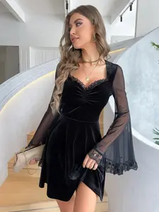 Women's Contrast Lace Ruched Velvet Dress, Elegant Chic Sweetheart Neck Long Sleeve Flounce Sleeve A Line Short Dress for Party Guest, Formal Wear, Birthday Dresses 2024, Ladies Spring & Fall Clothes Valentine's Day, gift