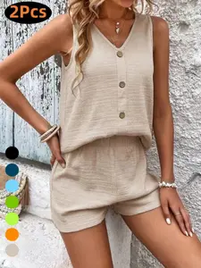 New Loose Sleeveless Two-Piece Set, Summer V-Neck Casual Solid Button Vest, Loungewear Ensemble, Comfortable and Stylish, Shorts