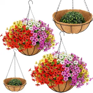 Complete Set of 2 Hanging Flower Baskets, Includes 24 Realistic Fake Greenery & Daisy Stems, Lush No-Maintenance Decor for Porch & Patio