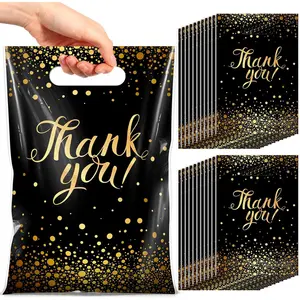 100 Pcs Thank You Gift Bags Bulk Black and Gold Plastic Bags with Handles Black Goodie Treat Shopping Wrap for Birthday Party Favors Small Business Merchandise Graduation, 6.7" x 9.8"