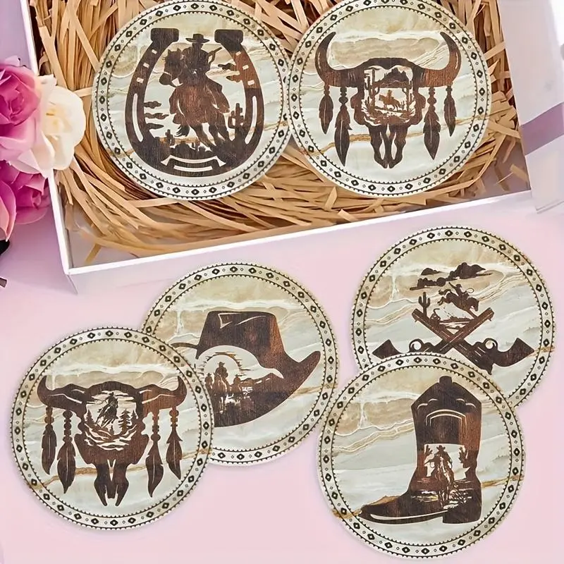 Western Cowboy Pattern Wooden Coaster, 6 Counts/set Heat Resistant Non-slip Decorative Coaster, Wood Coasters, Decorative Placemat for Home Living Room Coffee Table